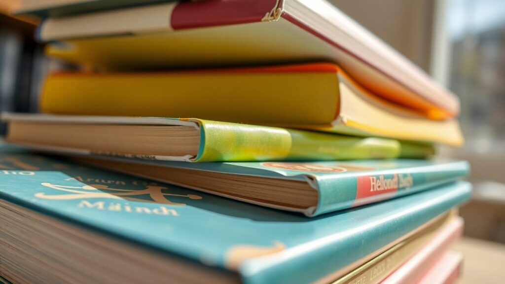 Stack of affordable used books from a library sale.