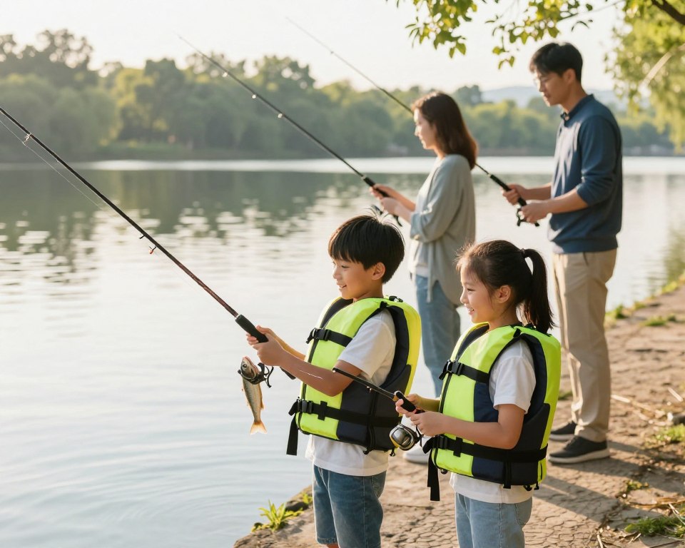 Kids fishing with their parent