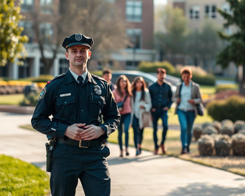 A university campus scene showcasing dedicated security services in action