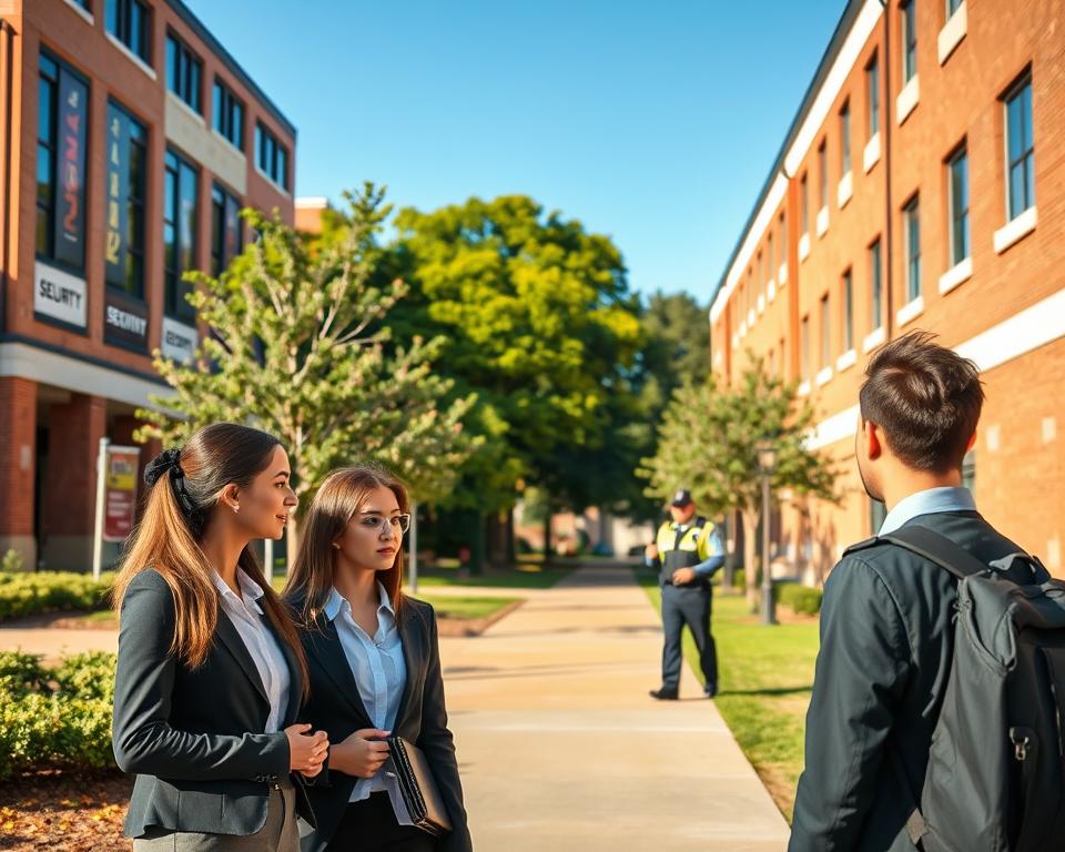 A university campus scene focusing on crime prevention and safety