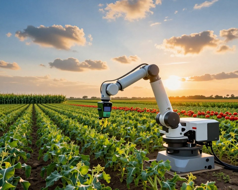 A vivid scene of advanced agricultural robotics in action on a vibrant, sprawling farm