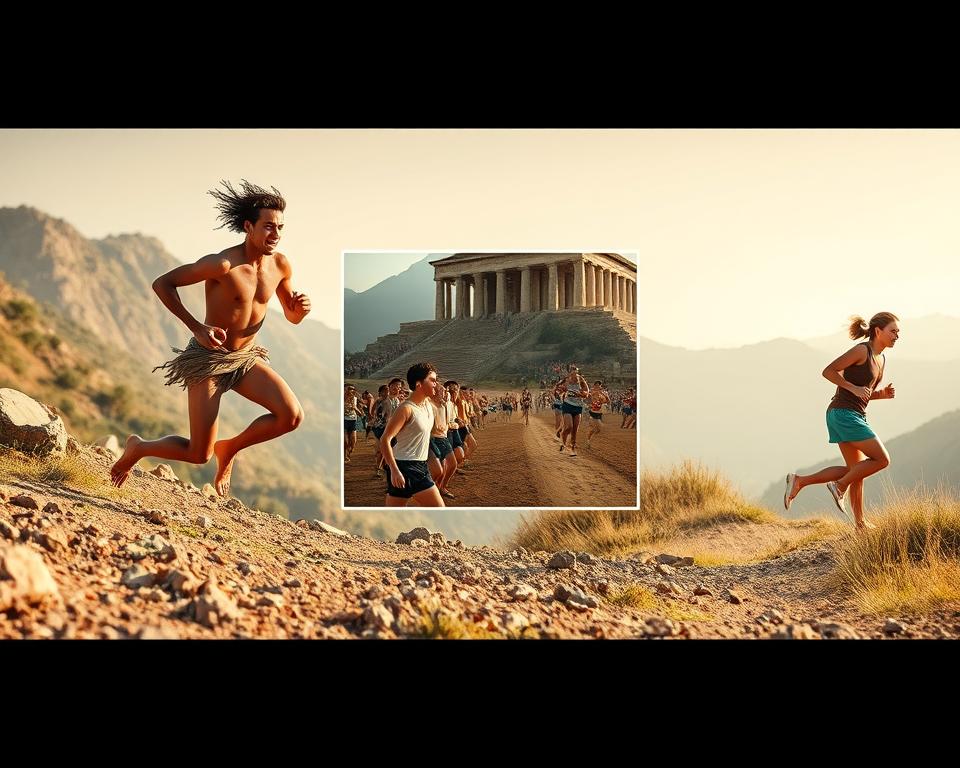 A dynamic scene depicting the evolution of barefoot running through time