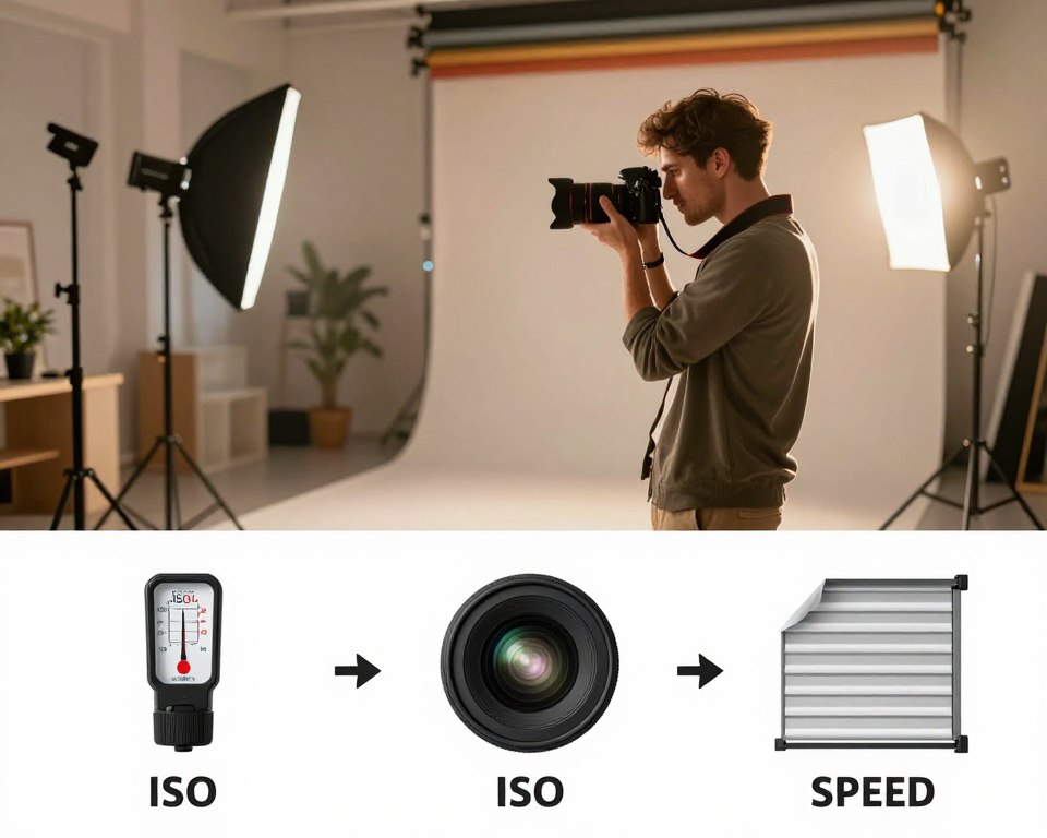 A split view of a photography studio showcasing the exposure triangle concept