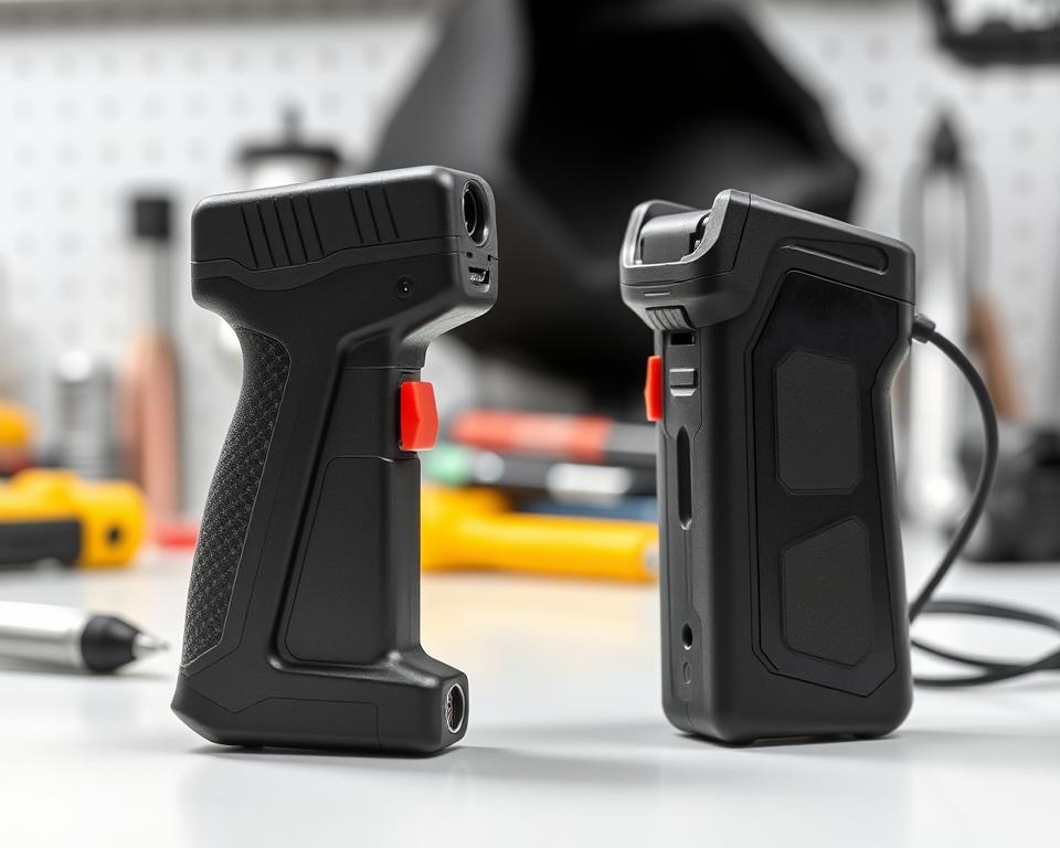 stun gun and a taser, set on a clean surface for clarity