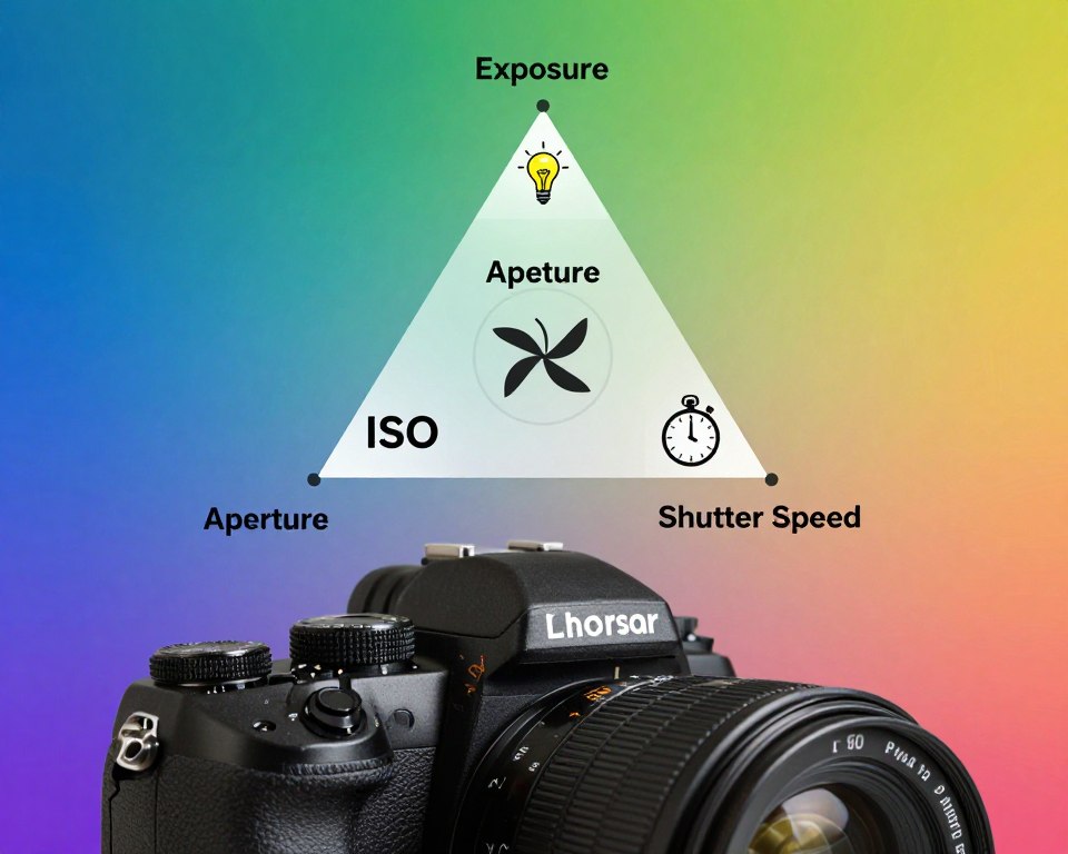 A detailed visual representation of the exposure triangle, illustrating ISO, aperture, and shutter speed concepts