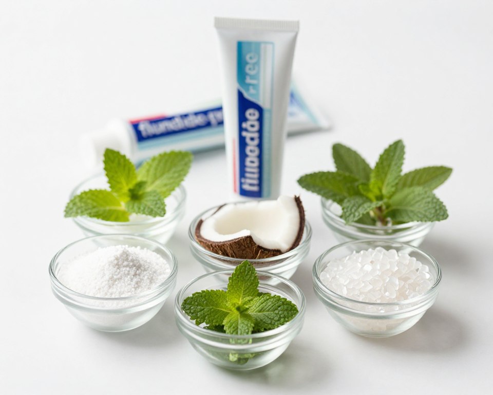 A neatly arranged flat lay image of fluoride-free toothpaste ingredients