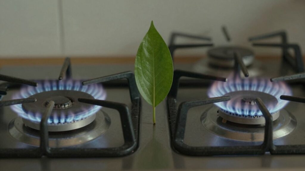 Electric stove burner versus gas flame with green leaf