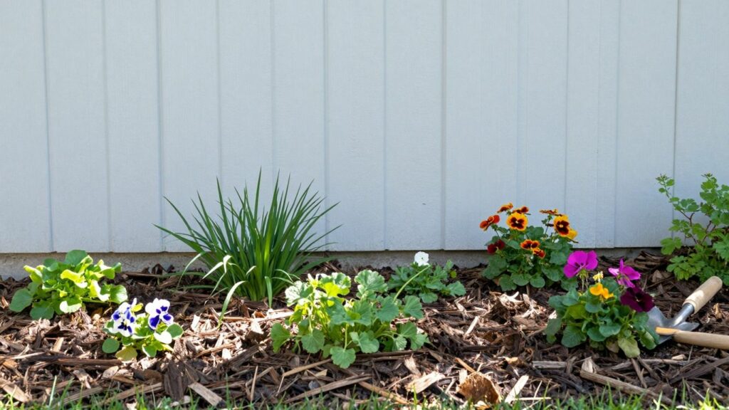 Garden bed with mulch, plants, and flowers.