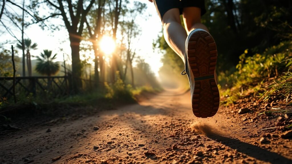 Runner's feet on a trail, sunlight through trees.