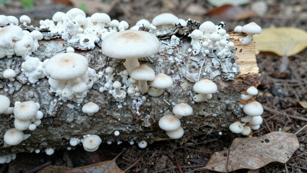 Mushroom mycelium growing on a log.