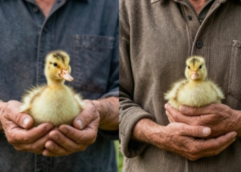 Farmer holding a duckling and a chick.