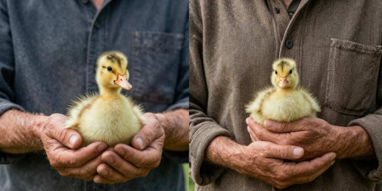 Farmer holding a duckling and a chick.
