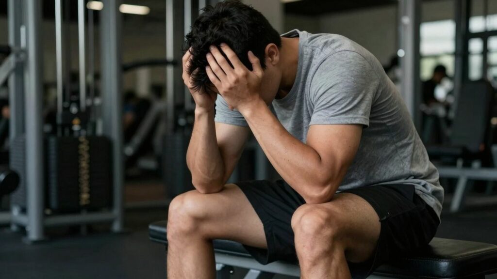 Person looking dejected on gym bench, exhausted.