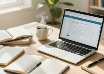 Desk with laptop, notebooks, pens, and coffee.