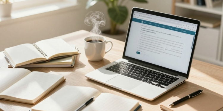Desk with laptop, notebooks, pens, and coffee.