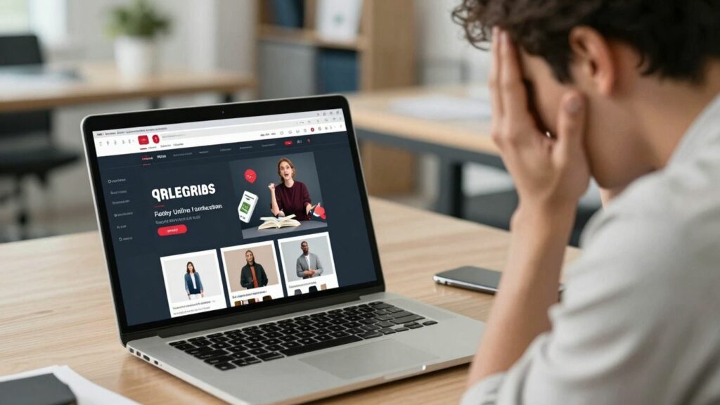 Frustrated person with online store problems on laptop.