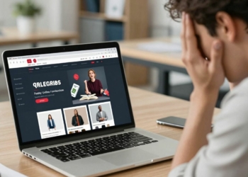 Frustrated person with online store problems on laptop.