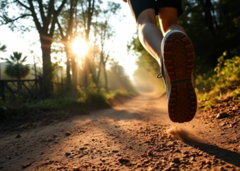 Runner's feet on a trail, sunlight through trees.