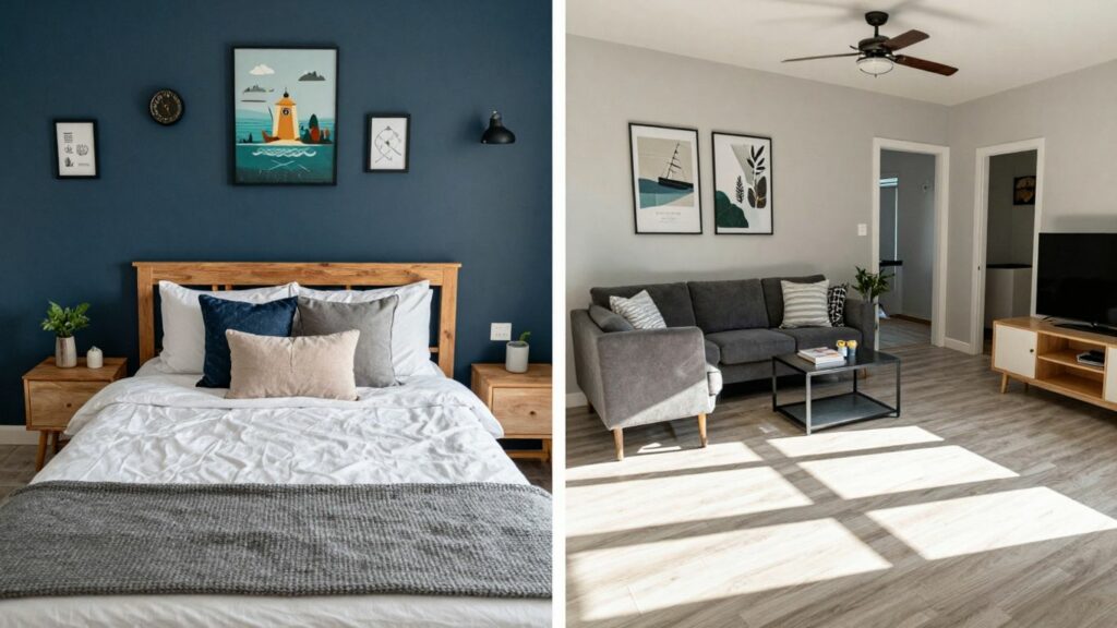 Comparison of Airbnb and long-term rental living spaces.