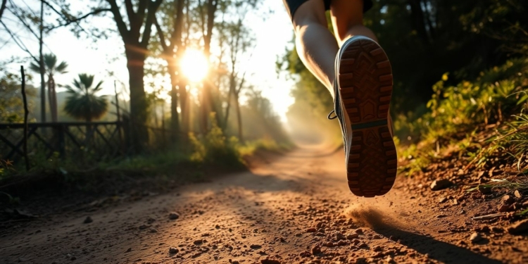 Runner's feet on a trail, sunlight through trees.