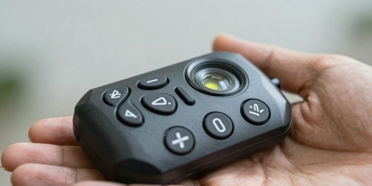 Personal self-defense alarm device held in hand.