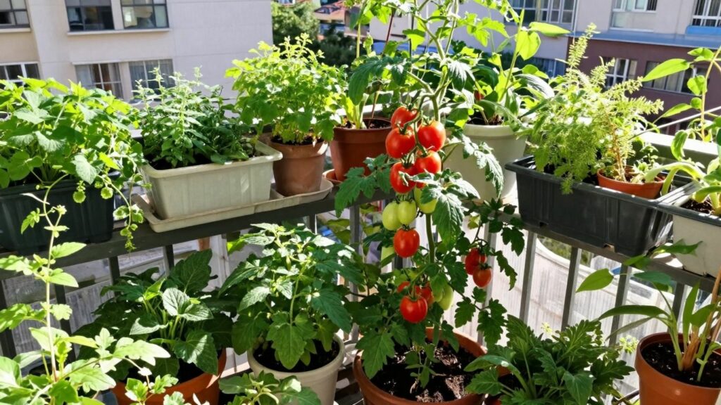 Abundant fresh produce growing in a small urban garden.