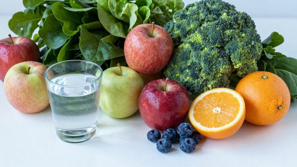 Healthy liver tips: fruits, vegetables, and water.