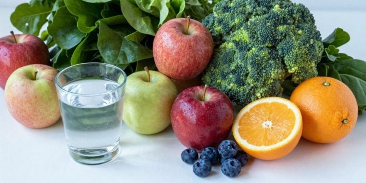 Healthy liver tips: fruits, vegetables, and water.
