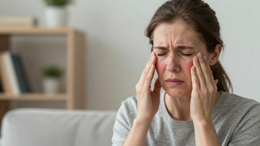 Woman fanning herself during a hot flash.