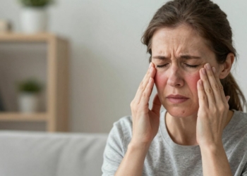 Woman fanning herself during a hot flash.