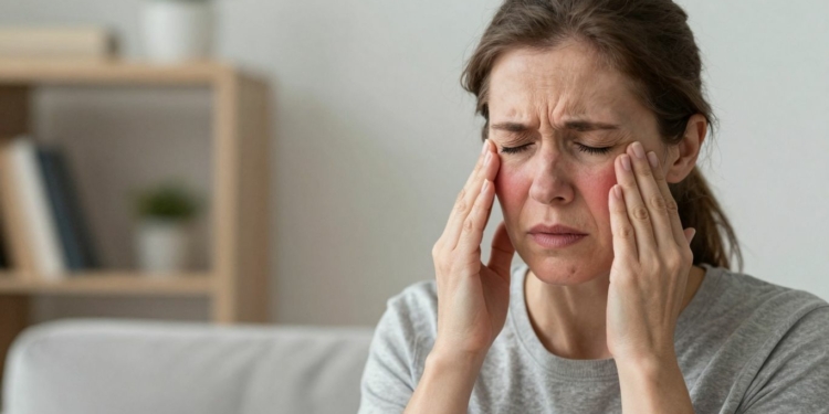Woman fanning herself during a hot flash.