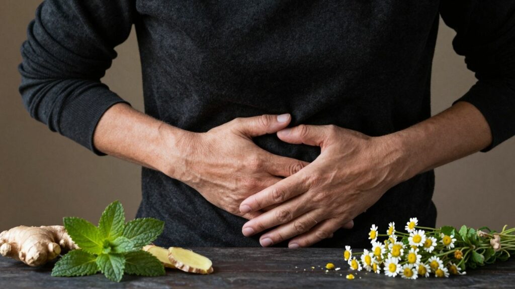 Person with stomach pain holding stomach, natural remedies