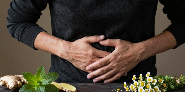Person with stomach pain holding stomach, natural remedies