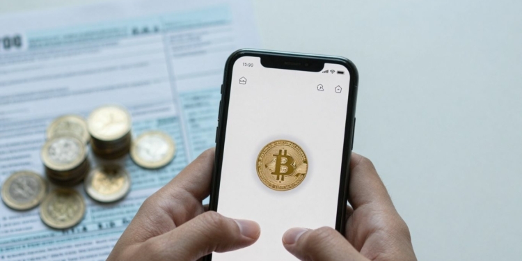Hands holding phone with crypto symbols, coins, and tax form.