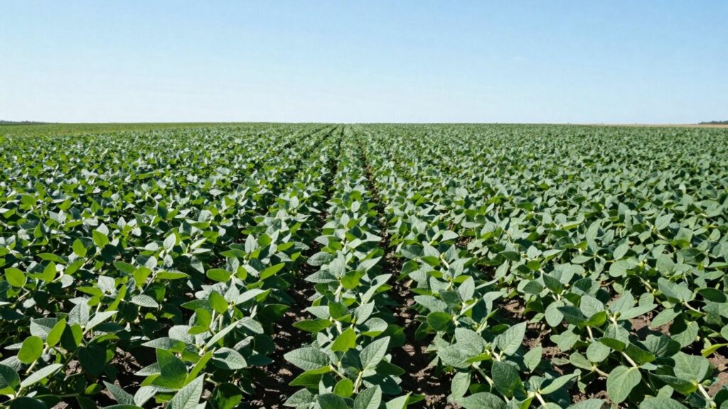 Soybean field with healthy green plants under a blue sky.