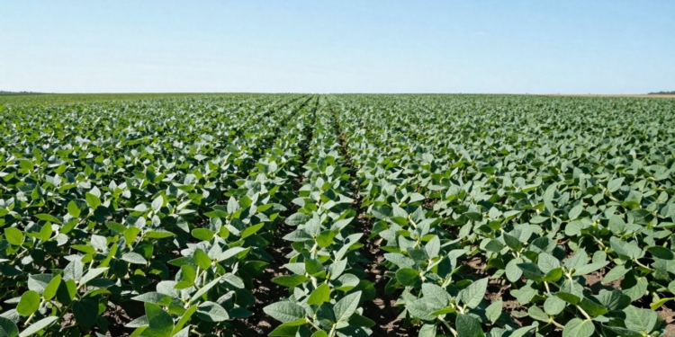 Soybean field with healthy green plants under a blue sky.
