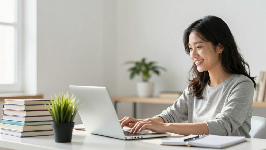 Person tutoring online with books and plant.