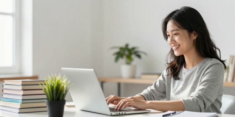 Person tutoring online with books and plant.