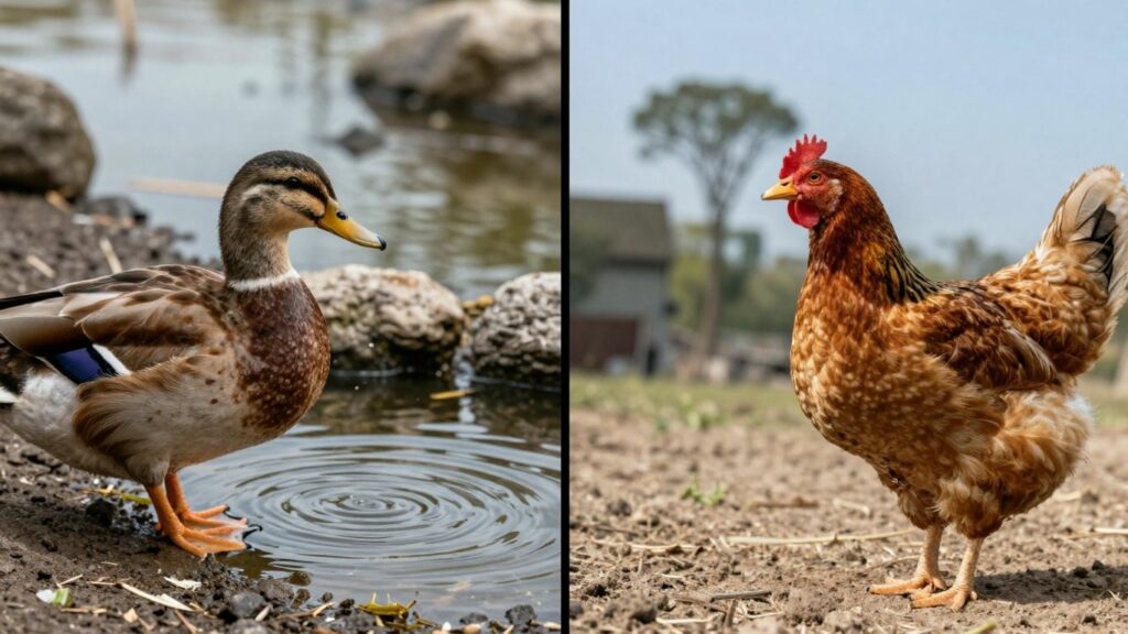 Duck and chicken with different water access