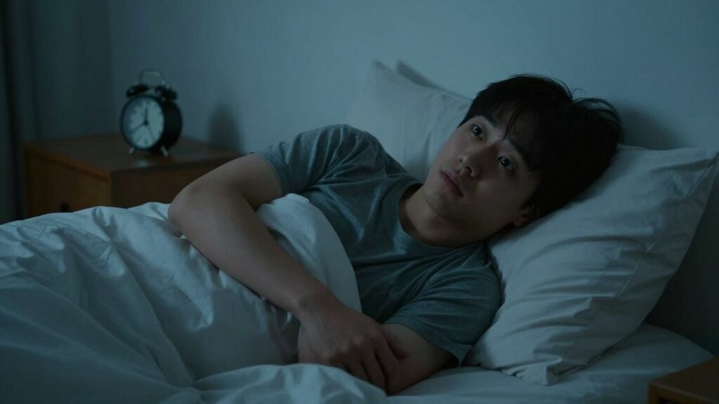 Exhausted person unable to sleep in a dark bedroom.