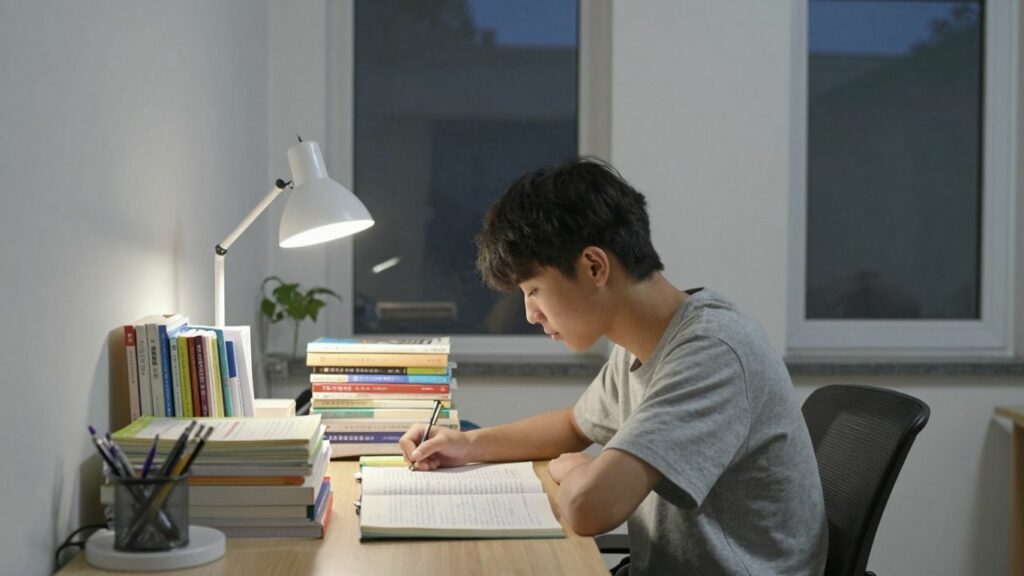 Student studying calmly the night before an exam.