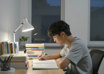 Student studying calmly the night before an exam.