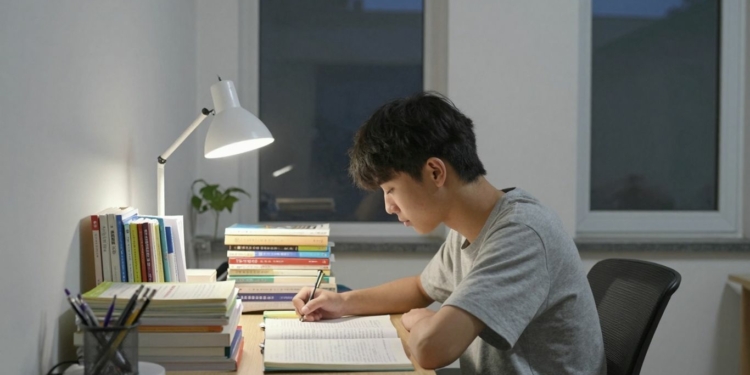 Student studying calmly the night before an exam.