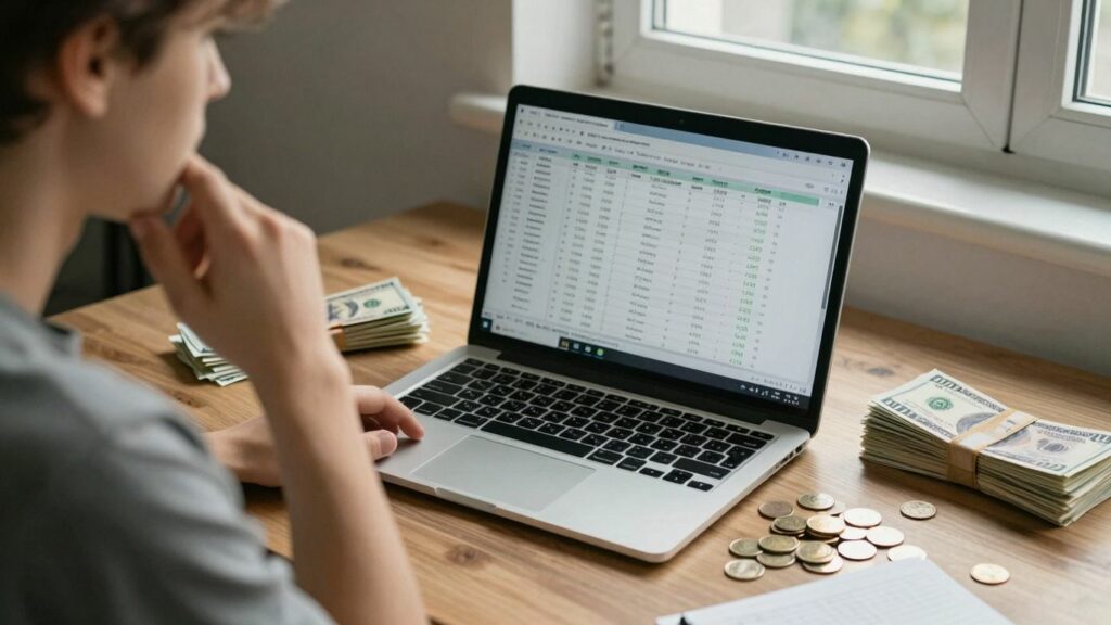 Freelancer budgeting irregular income with cash and laptop.