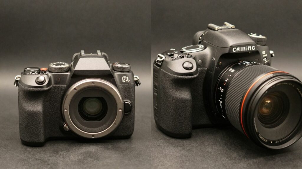 Mirrorless camera next to a DSLR camera.