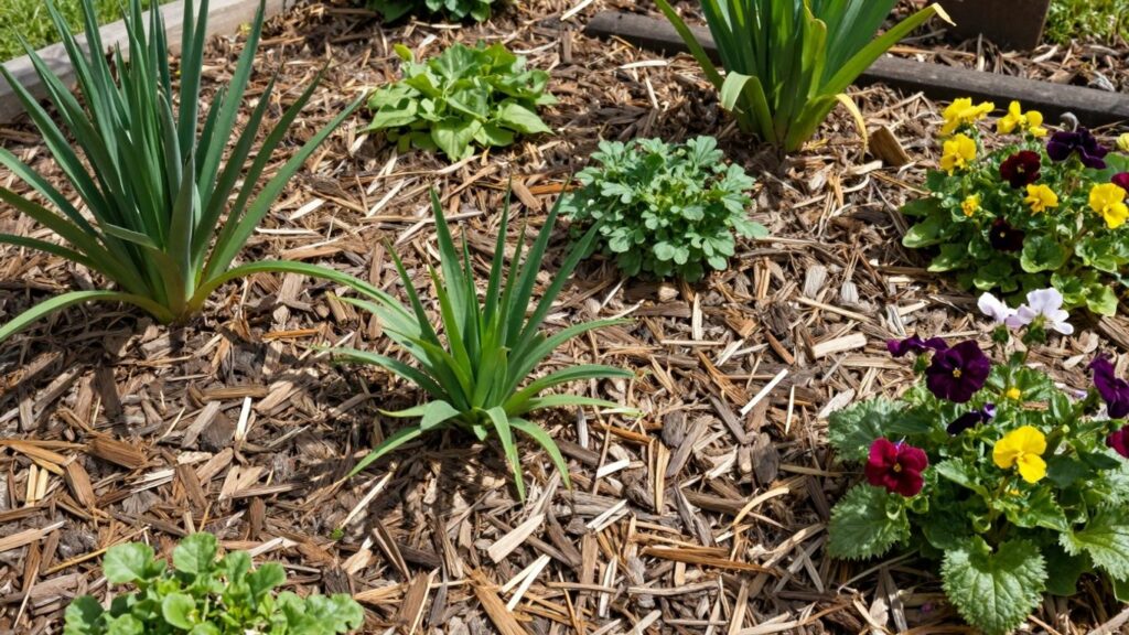 Garden bed with various types of mulch.