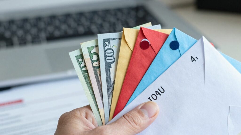 Cash stuffed into labeled envelopes for budgeting.