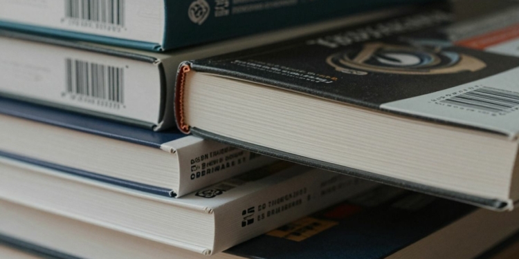 Books with ISBN barcodes visible on spines