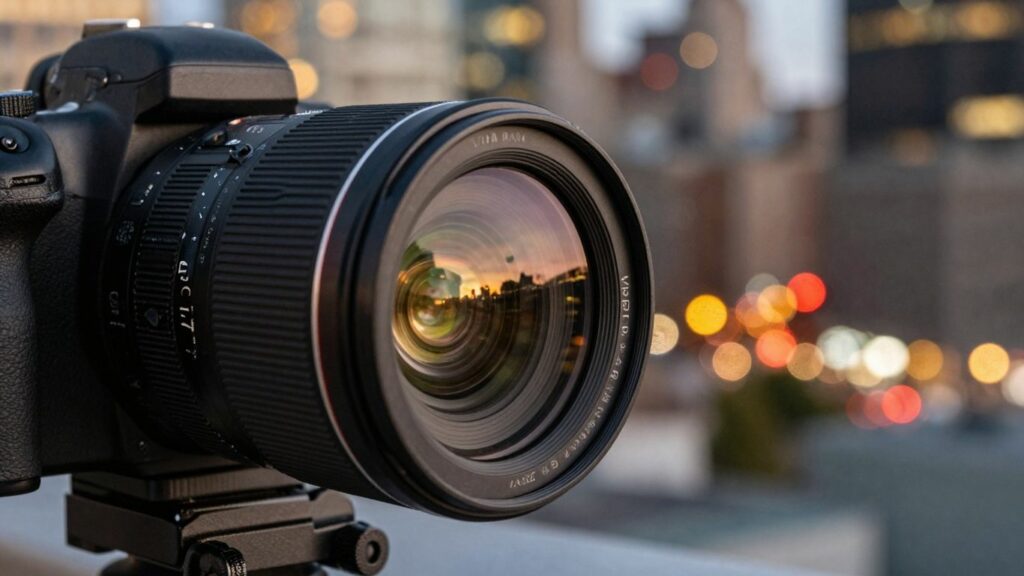 Camera lens capturing city lights for stock photos.