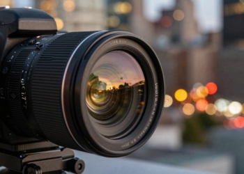 Camera lens capturing city lights for stock photos.